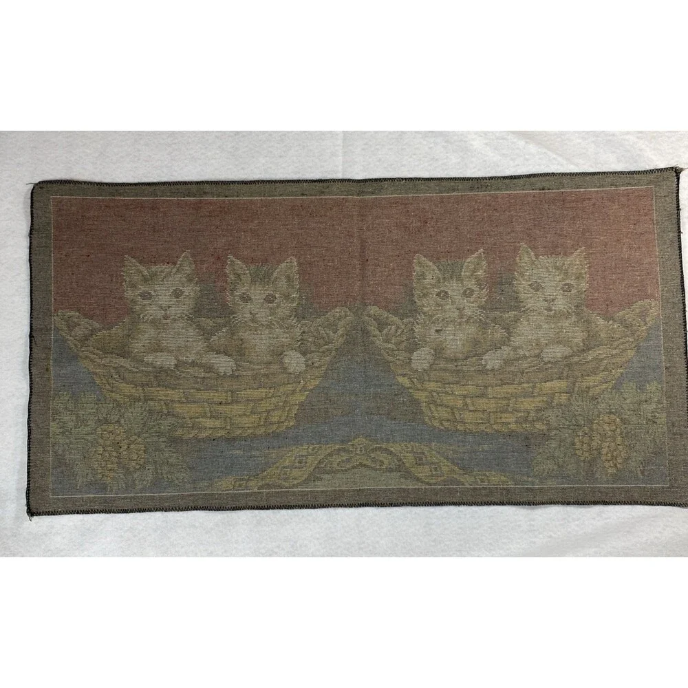 Vintage Velvet cat tapestry Textile Rug Red eyes Feline 38 x 19.5 rectangle